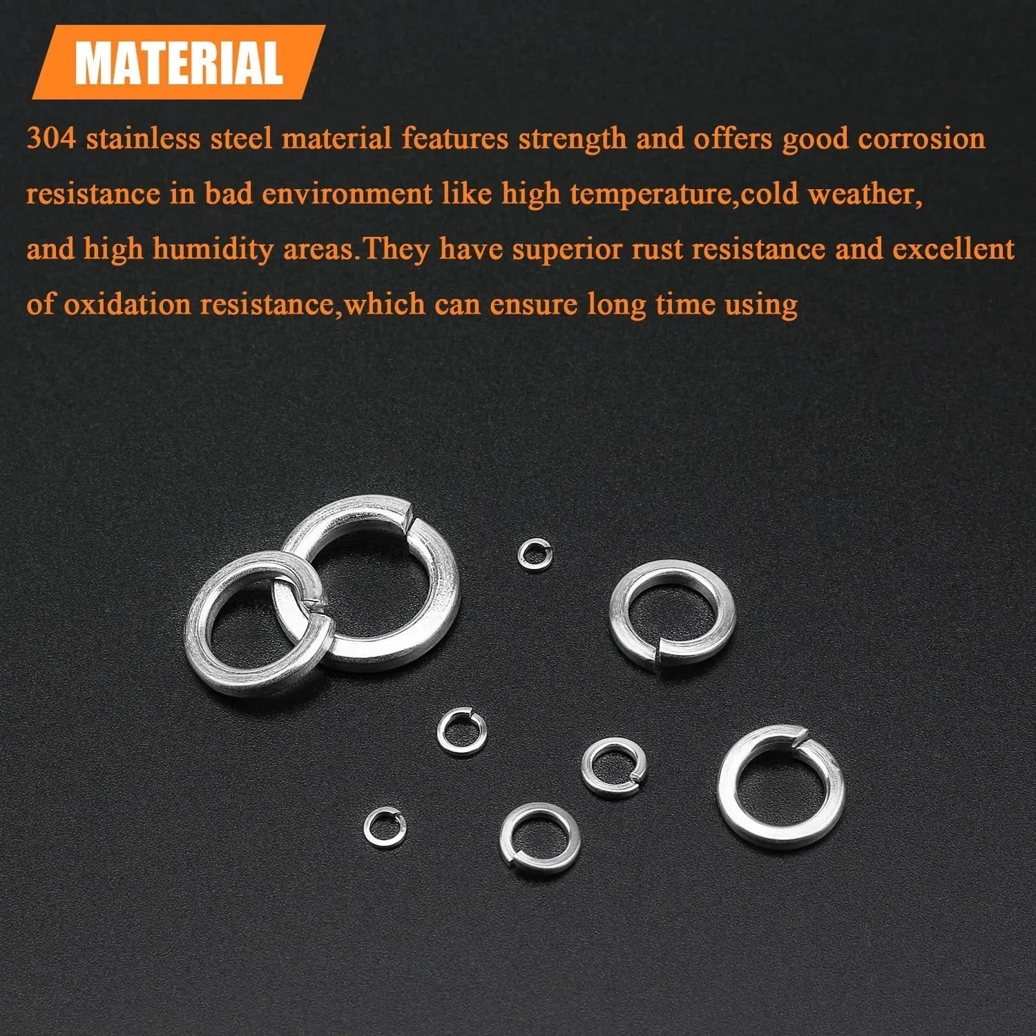 Open box showing assortment of 304 stainless steel spring lock washers in various sizes.