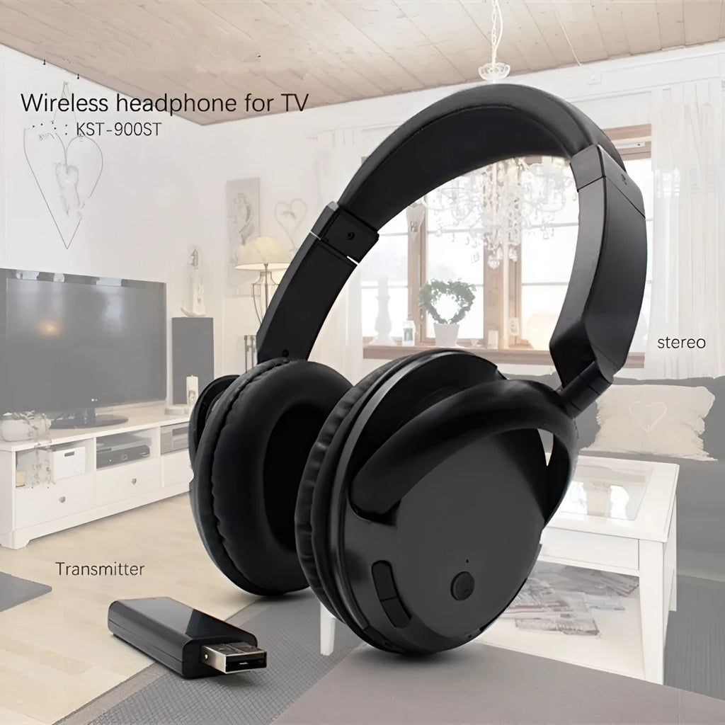 Black wireless stereo headphones with USB FM transmitter and 3.5mm audio cable