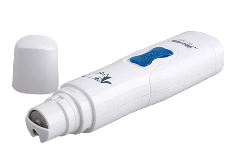 Electric pet nail grinder with two port cover, ABS plastic body, and emery grinding wheel