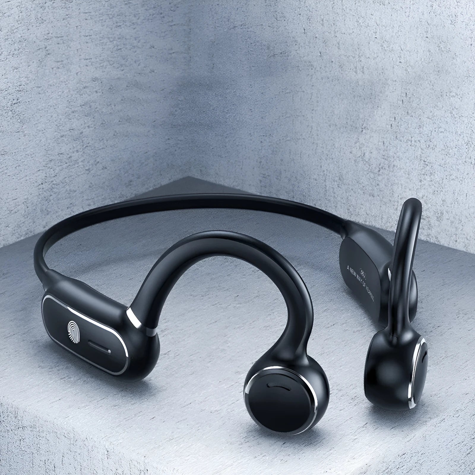 Black and white air conduction Bluetooth wireless earphones with ear-hook design and touch controls.