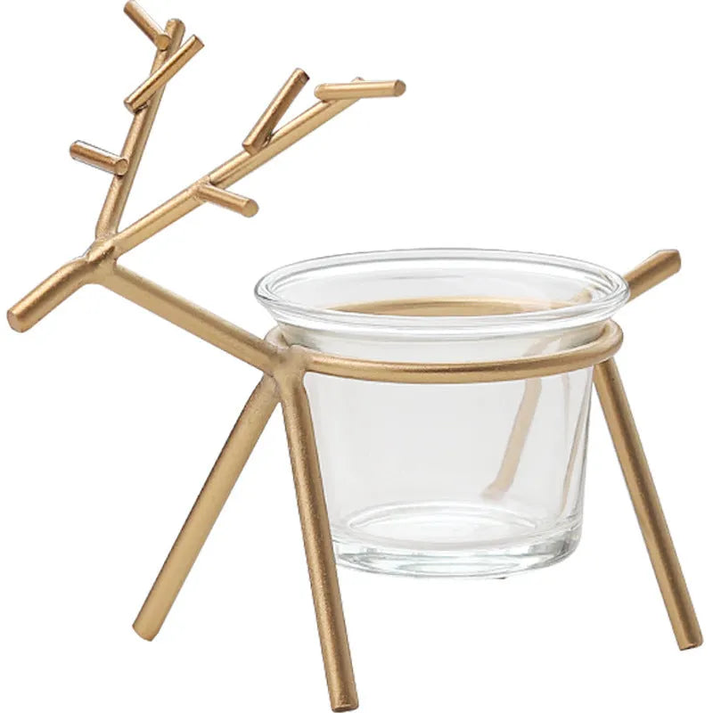 Wrought iron fawn candle holder with glass candle cup, electroplated finish in black or gold