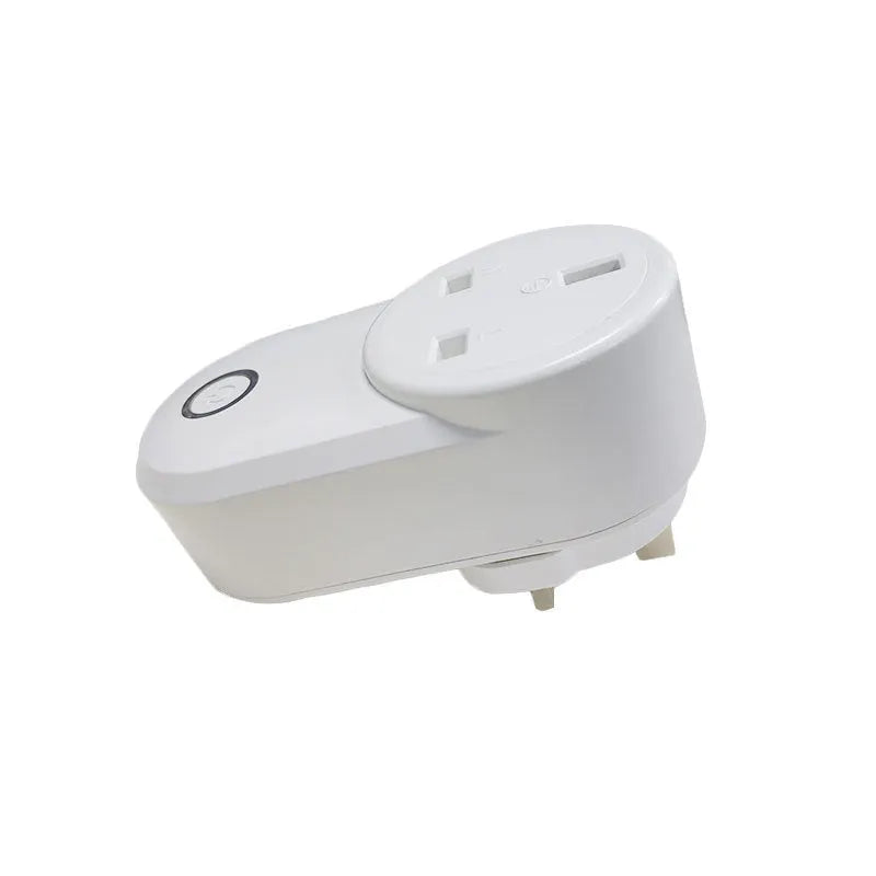 White Wi-Fi smart socket with UK or US plug, shown with ewelink app on phone.