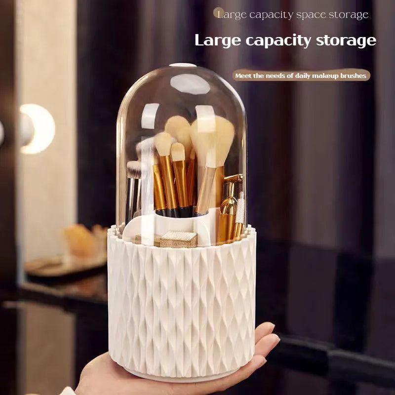 White transparent rotating makeup brush storage box with lid and split compartments