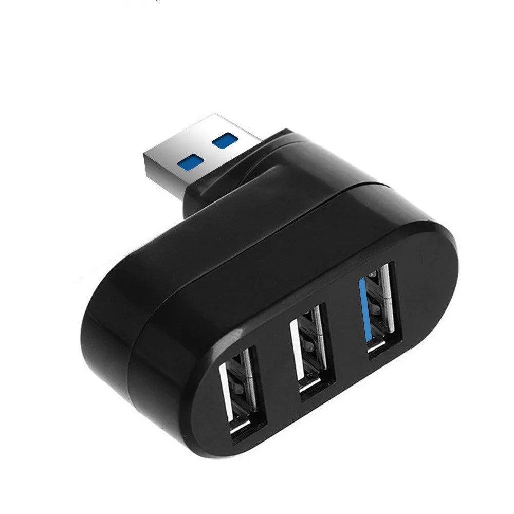 Black and white USB 3.0 rotary hub with four ports showing compact size and cable.