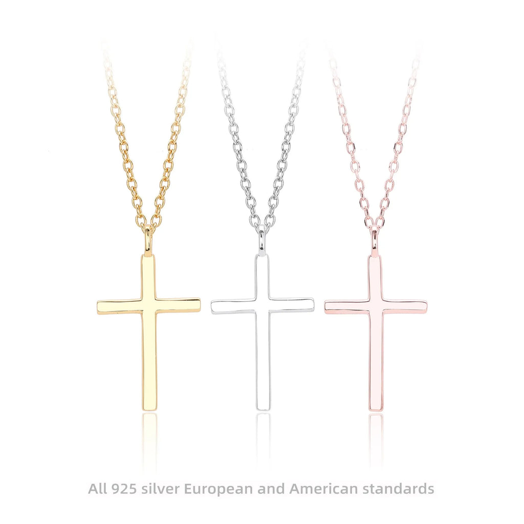 S925 sterling silver cross pendant necklace with adjustable chain in gold, platinum, or rose gold plating