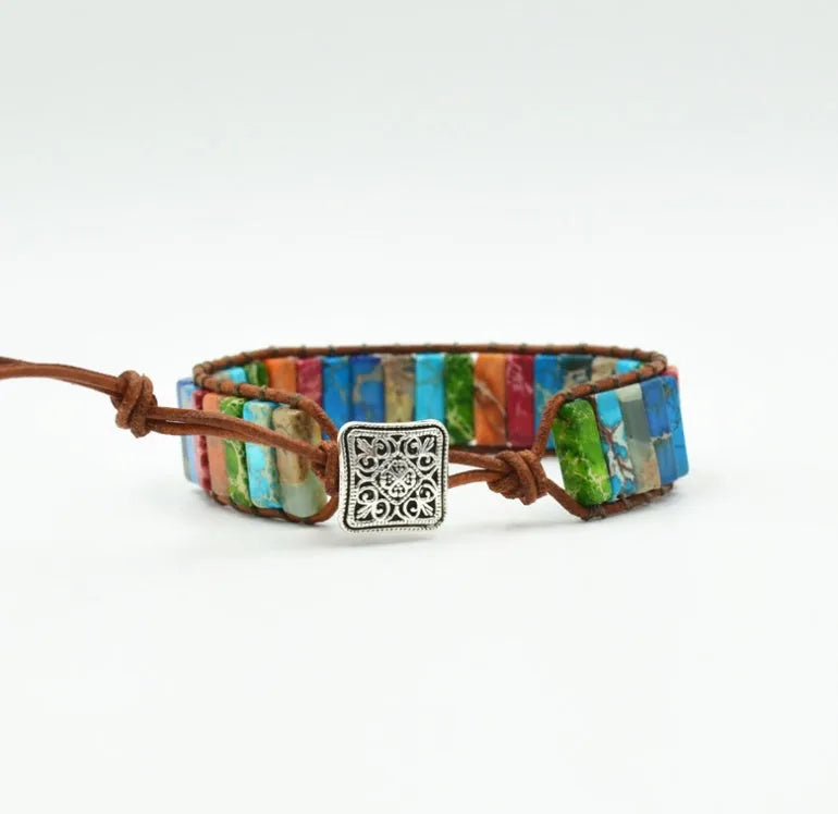 Hand-woven leather bracelet with coloured agate stone, adjustable 17cm, ethnic geometric style