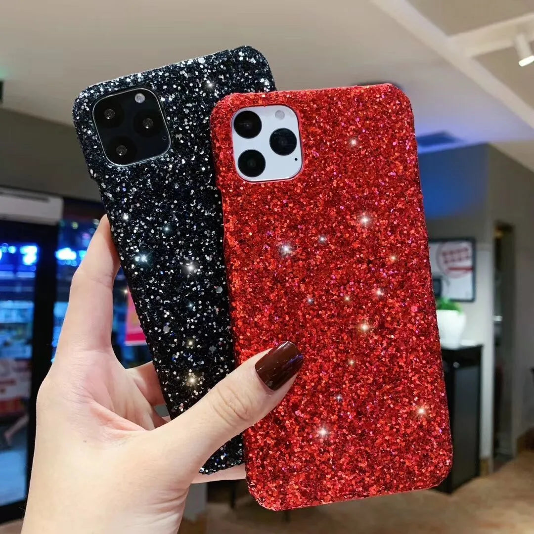 Glitter sequin back cover phone case for iPhone 11, X, XR, 7, 8, 6, 6S – pink colour with raised camera frame