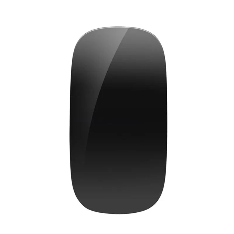 Ultra-thin touch wireless mouse in black on white background with USB receiver