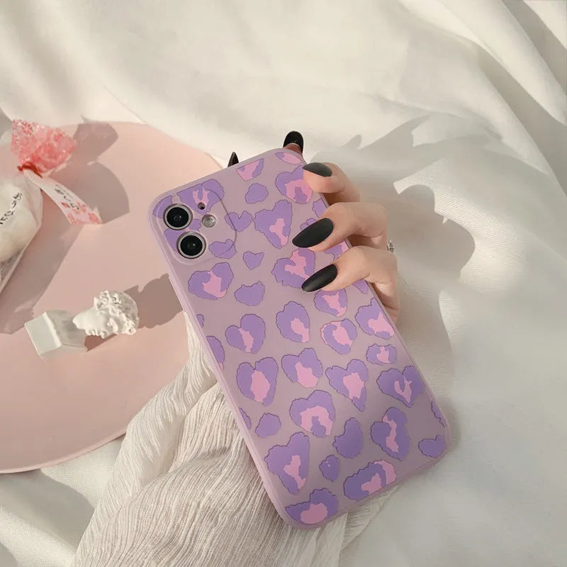 Frosted silicone Apple iPhone back cover in Purple Leopard, painted finish, fits models 7 to 13 Pro.