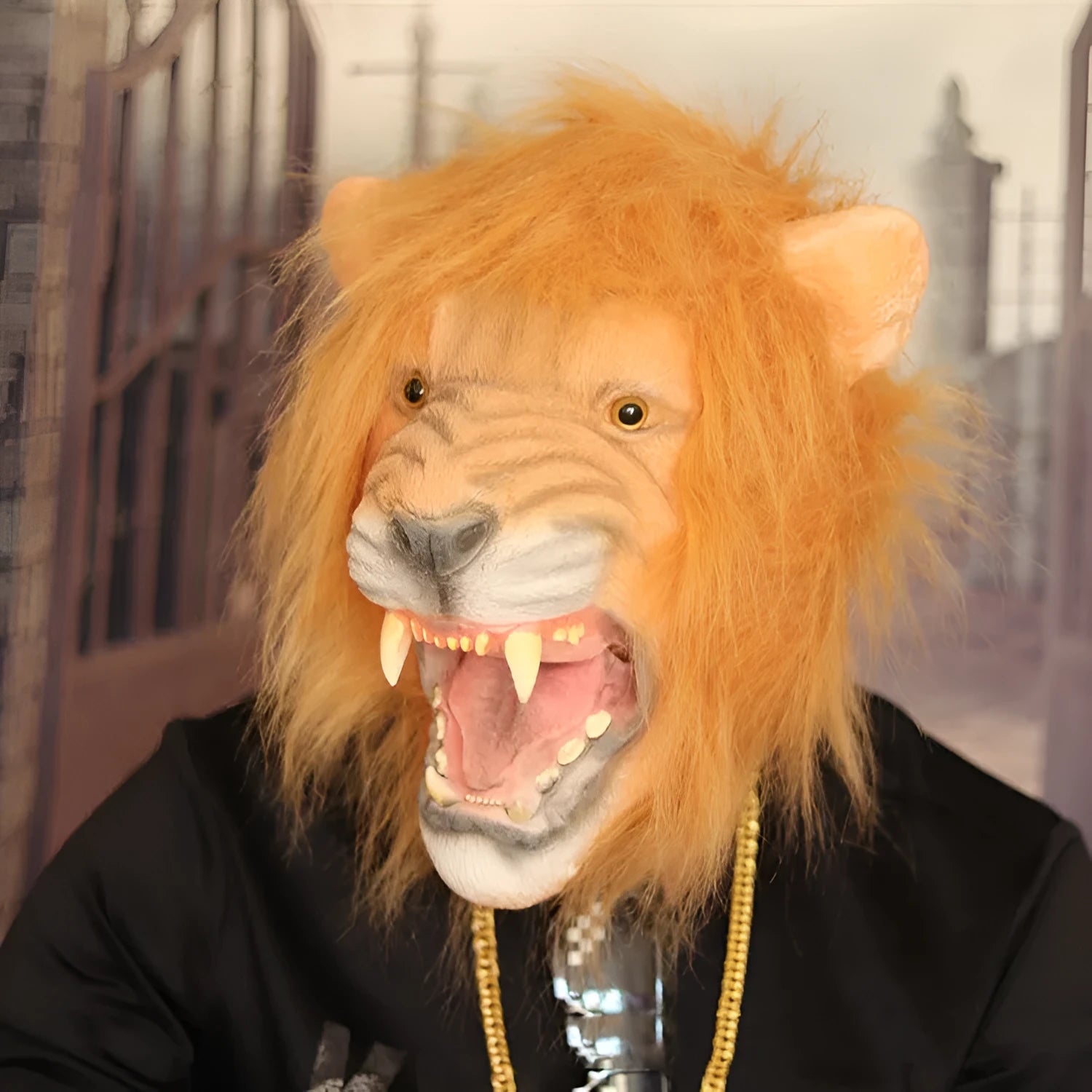 Open mouth lion latex Halloween mask in realistic animal style for adult costume parties