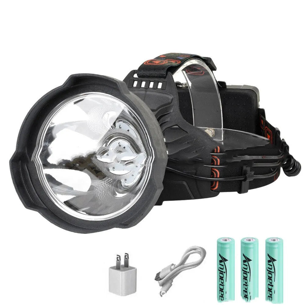 Rechargeable head-mounted LED night fishing lamp with 18650 battery and aluminium housing