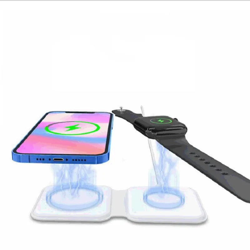 White folding magnetic wireless charger in stand mode, charging a smartphone at an angle