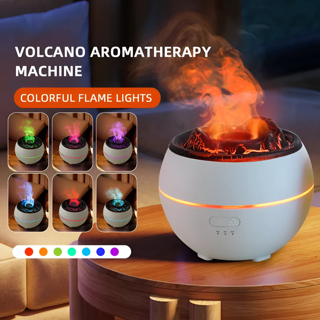 White and black ultrasonic aroma diffuser humidifier with round design and mechanical controls on a desk.