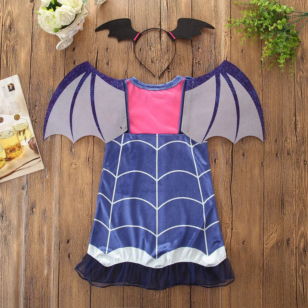 Blue cotton princess Halloween dress for young children with short sleeves