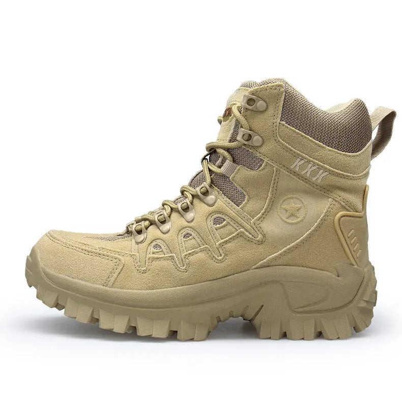 Men's black tactical hiking boots with rubber sole on outdoor terrain
