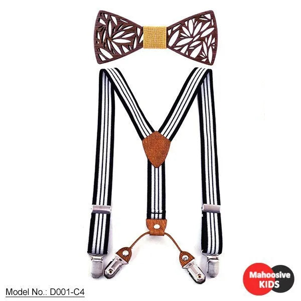 Children's wooden bow tie set with striped suspenders and belt on a boy for wedding