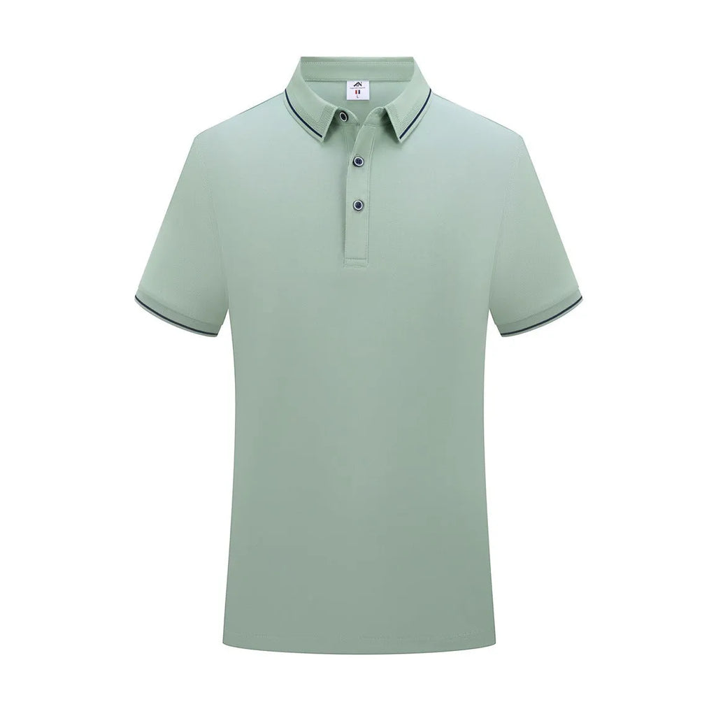 Short-sleeved asymmetrical polo shirt for beauticians in light blue cool silk cotton fabric.