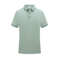 Short-sleeved asymmetrical polo shirt for beauticians in light blue cool silk cotton fabric.