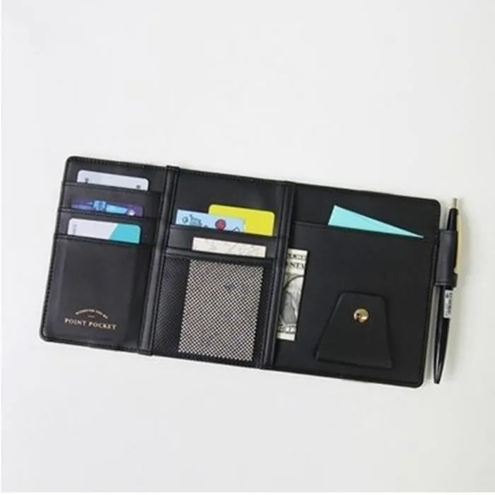 Car sun visor pocket organizer with acrylic plastic construction for storing cards and glasses