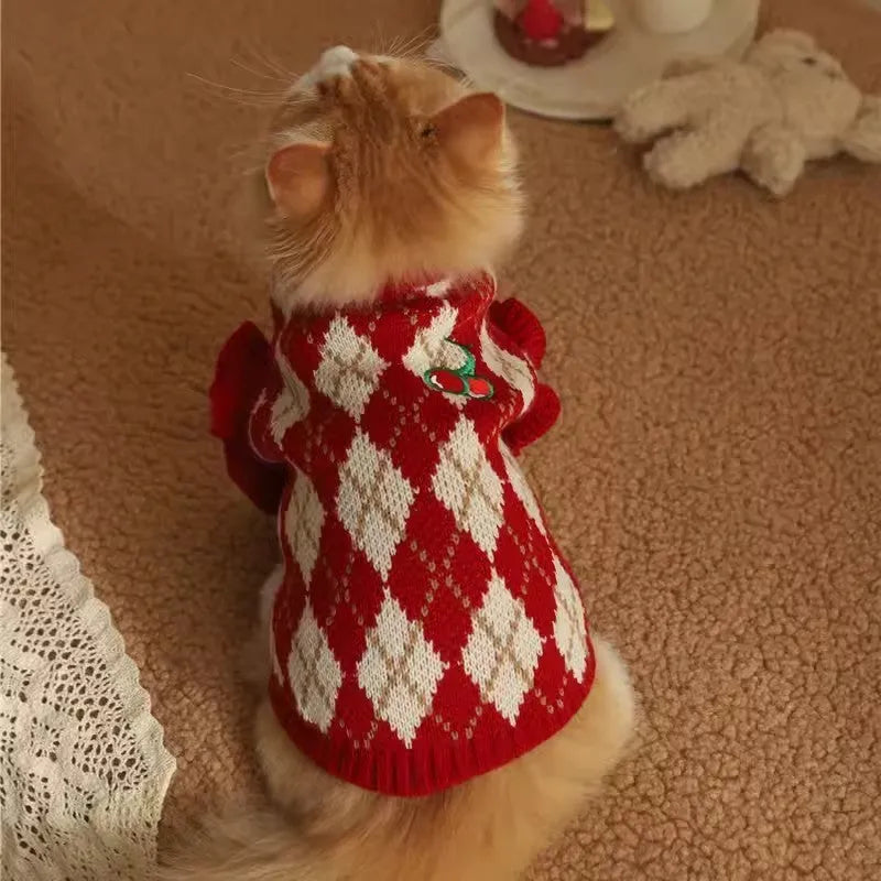 Red pet sweater with cherry diamond embroidery for dogs and cats in multiple sizes