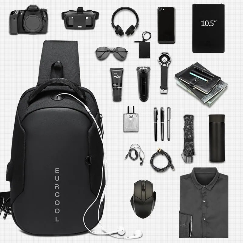 Men's black Oxford crossbody bag with USB charging port and multiple zipped pockets.