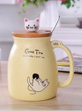 Cartoon cat ceramic mug with wooden lid and metal spoon in pink colour, 450ml capacity