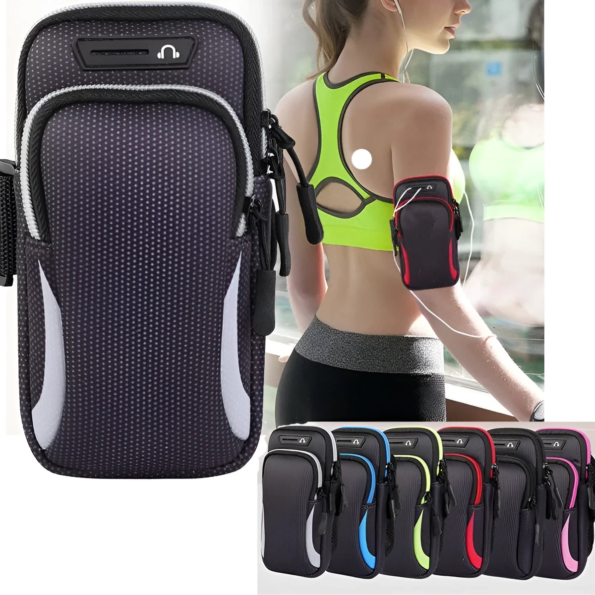 Nylon waterproof mobile phone arm bag with breathable mesh back panel on a person's arm