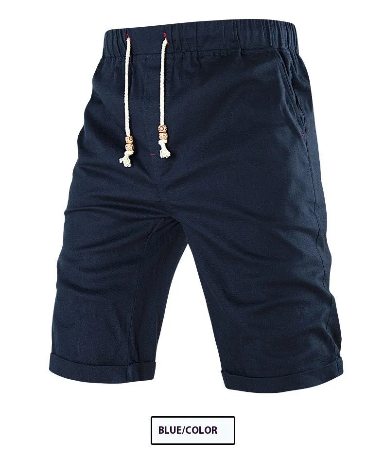 Men's straight-fit casual shorts in blue with a drawstring waistband and a zippered side pocket.