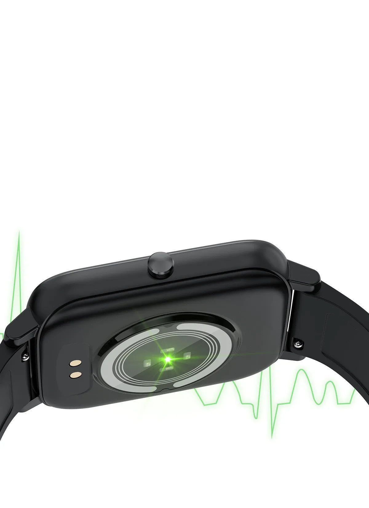 H80 black smart watch on wrist showing heart rate graph on its 1.69-inch spherical tempered glass screen.