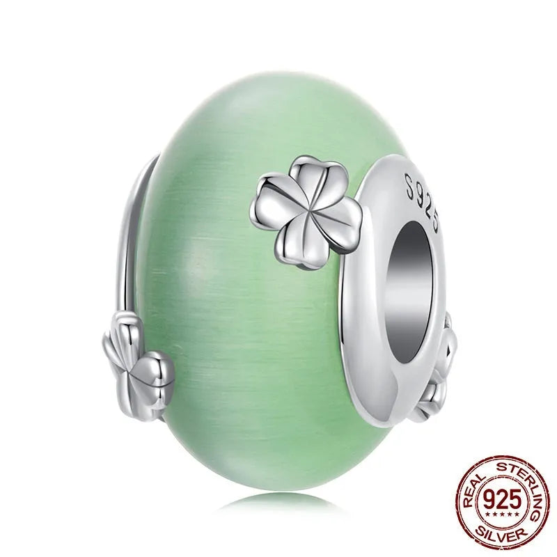 925 silver four-leaf clover glass bead pendant, green oxidised charm, 1.5cm x 0.9cm, 0.45cm hole