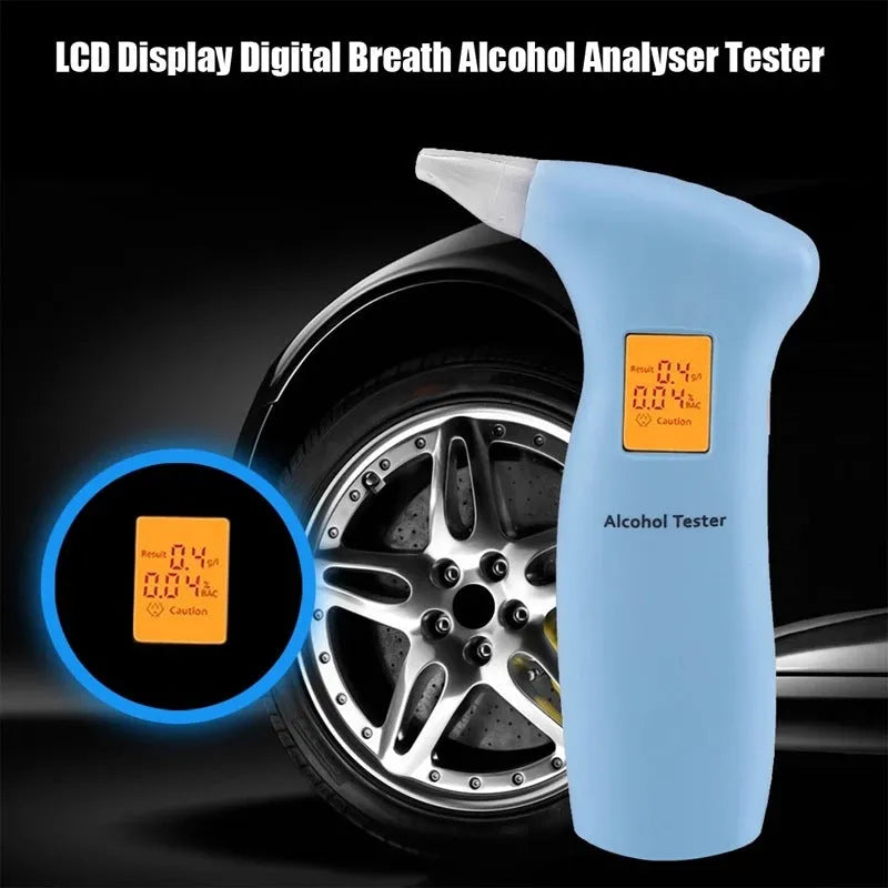 Portable orange LED breath alcohol tester with replaceable mouthpieces on a dark grey background.