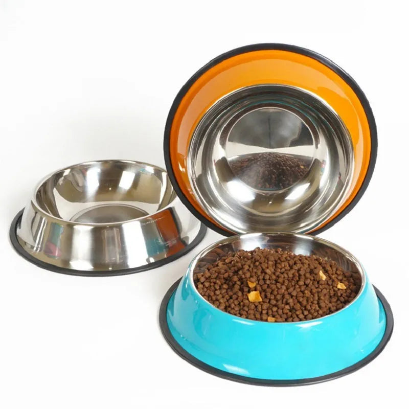 Stainless steel pet bowl with melamine outer pot in orange, non-slip base, dual use food and water
