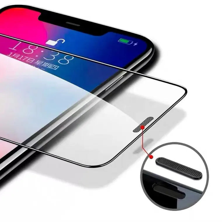 iPhone tempered glass screen protector with privacy dustproof net film showing full coverage on iPhone