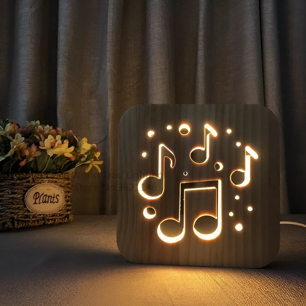 Square pine wood USB lamp with warm white LED glow, showing natural grain texture on a desk.