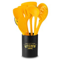 Yellow silicone nylon nonstick cooking spoon spatula kitchen utensils set on surface