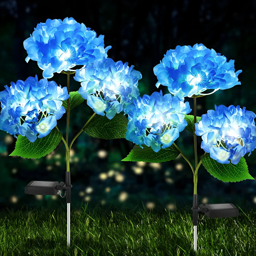 Solar hydrangea garden decorative light in garden setting with floor outlet placement