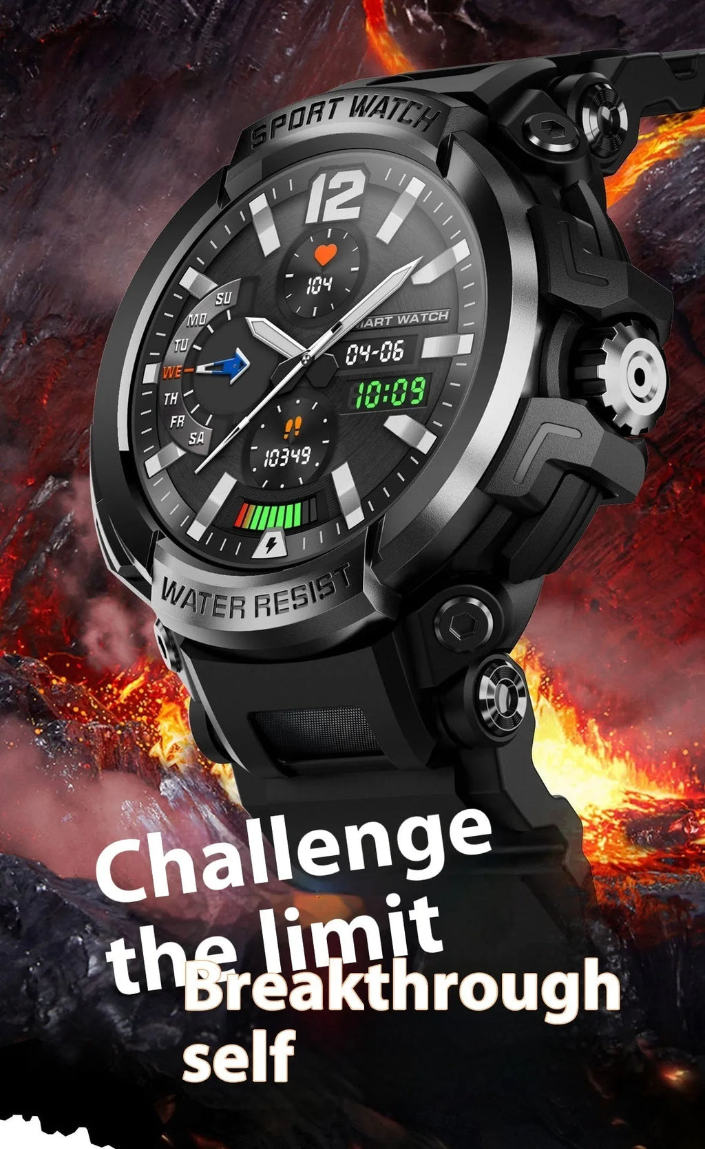 Smart watch in black with TFT screen showing heart rate display, Bluetooth calling function, and health monitoring features