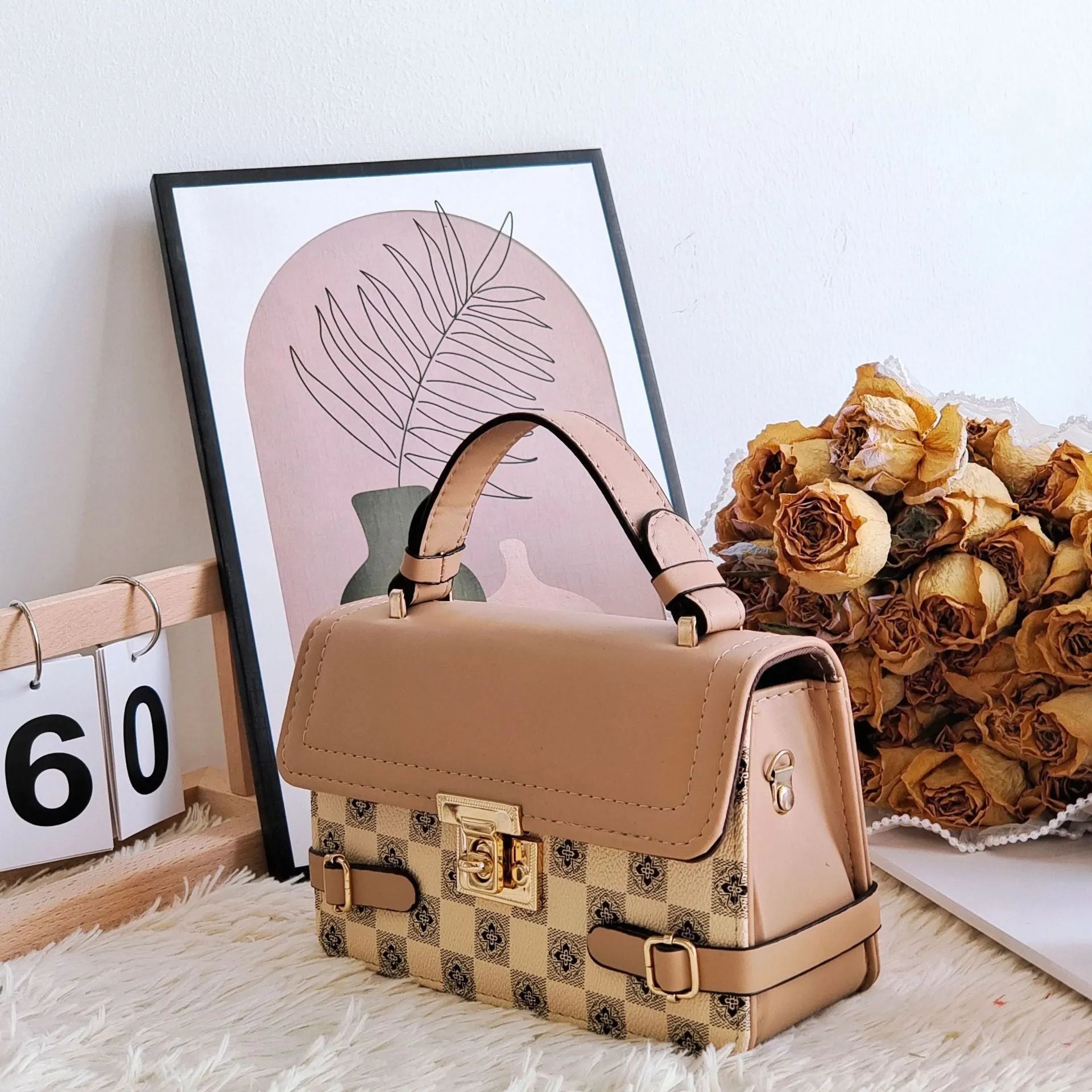 Retro ethnic pattern square crossbody bag in PU shown in apricot colour, featuring floral and plaid details.