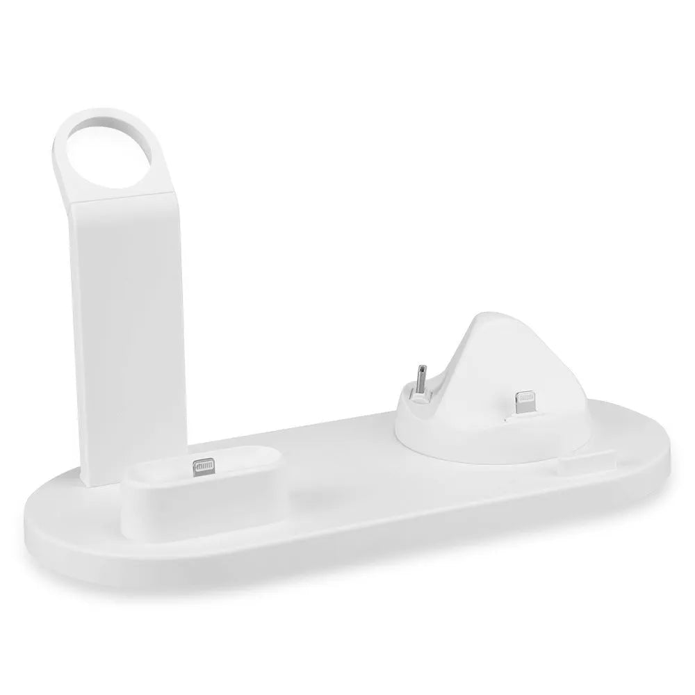 White aluminium wireless charging stand holding phone, headphones and smartwatch