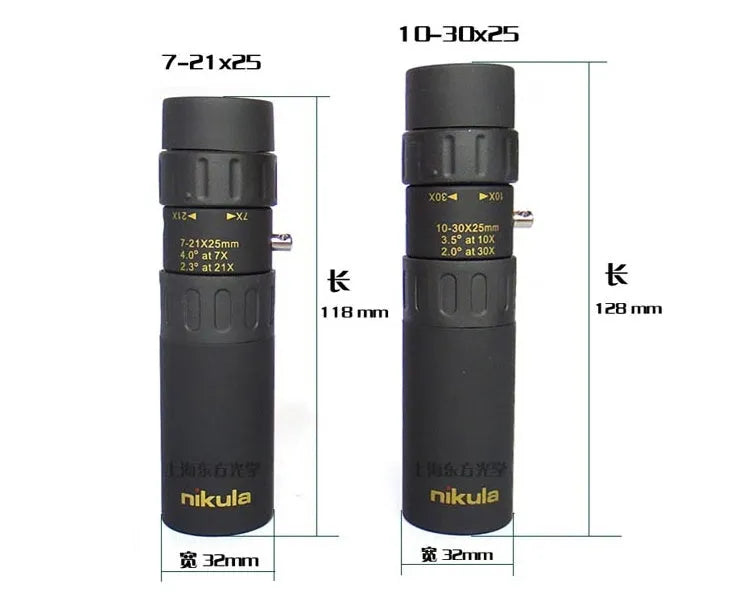 Black 10-30x25 compact zoom monocular telescope with 25mm objective lens and Bk4 prism