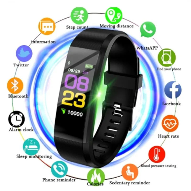 115plus smart wristband with 0.96in colour screen, TPU strap, heart rate monitor, available in black, blue, green, purple, red