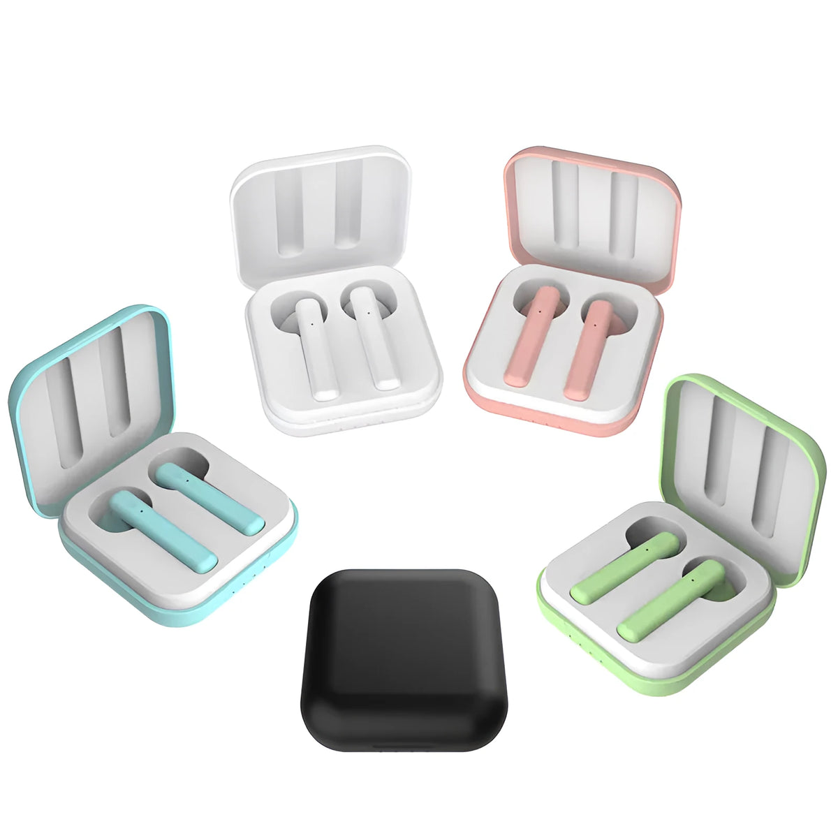 M1011 Macaron wireless sports headphones with charging case, available in Black, Green, Pink, Sky Blue and White