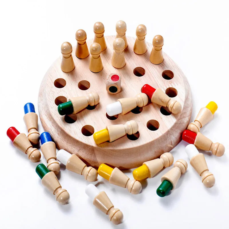 Children's beech wood memory chess game with board, pieces, and storage box for colour recognition learning.