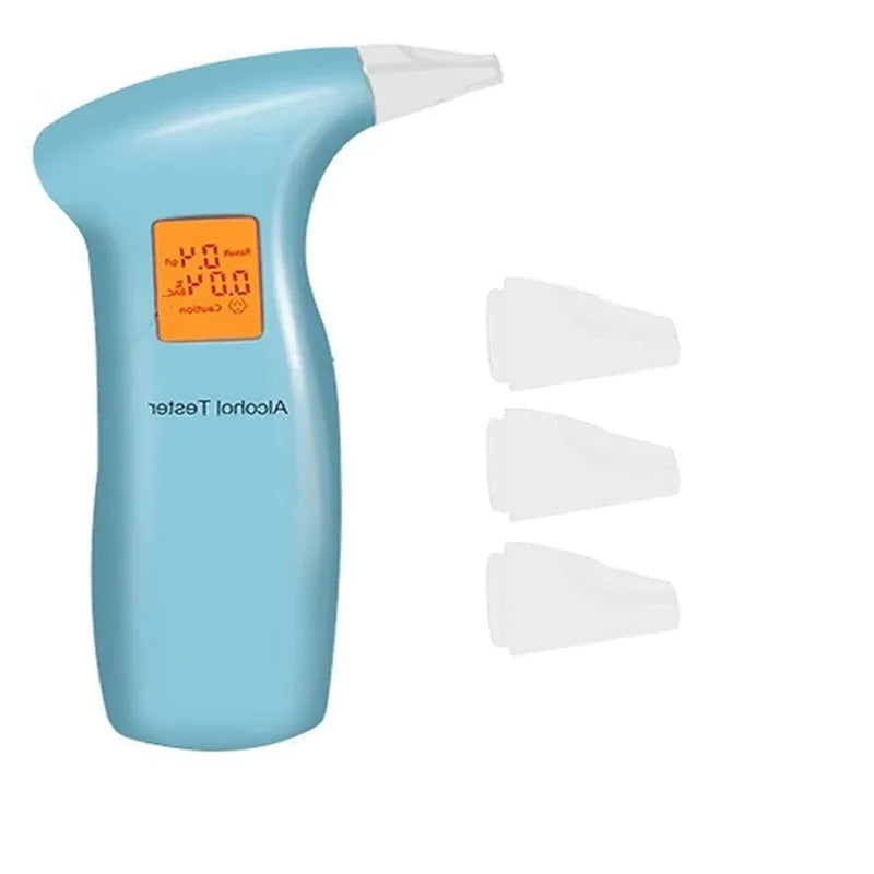 Portable orange LED breath alcohol tester with replaceable mouthpieces on a dark grey background.