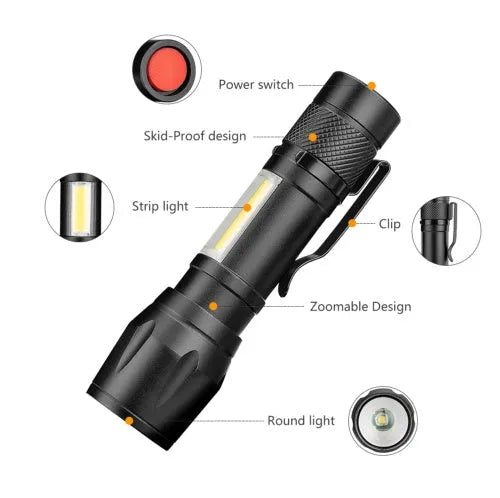 Small black aluminium telescopic LED flashlight with clip, showing zoom adjustment and button switch.