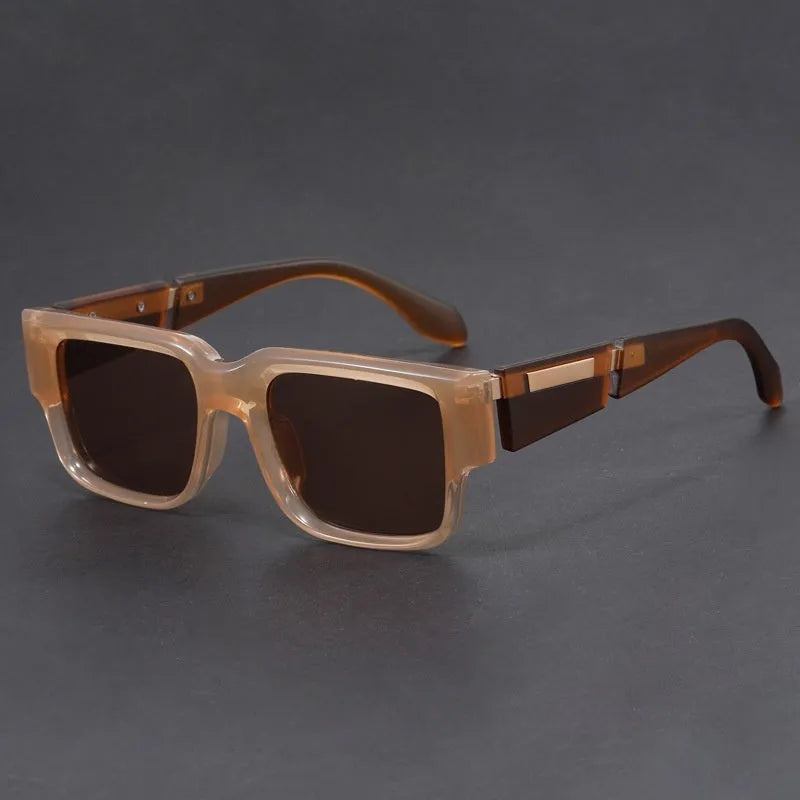 Square thick frame sunglasses with blue frames and grey-blue lenses showing Box style design