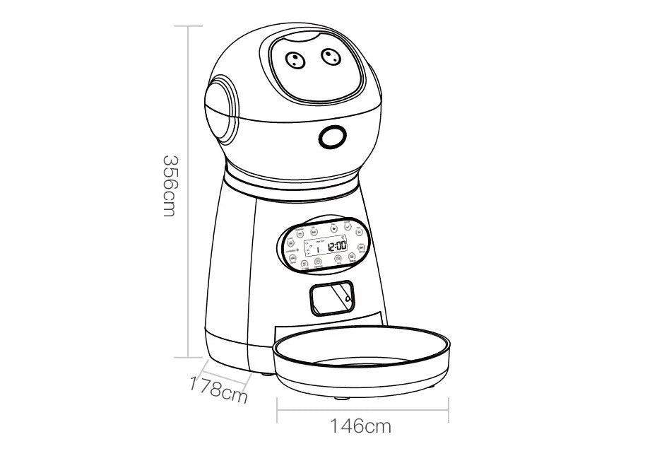 White automatic pet feeder with removable grain barrel, metal food tray, and 4-meal daily scheduling for 5mm-12mm dry food.