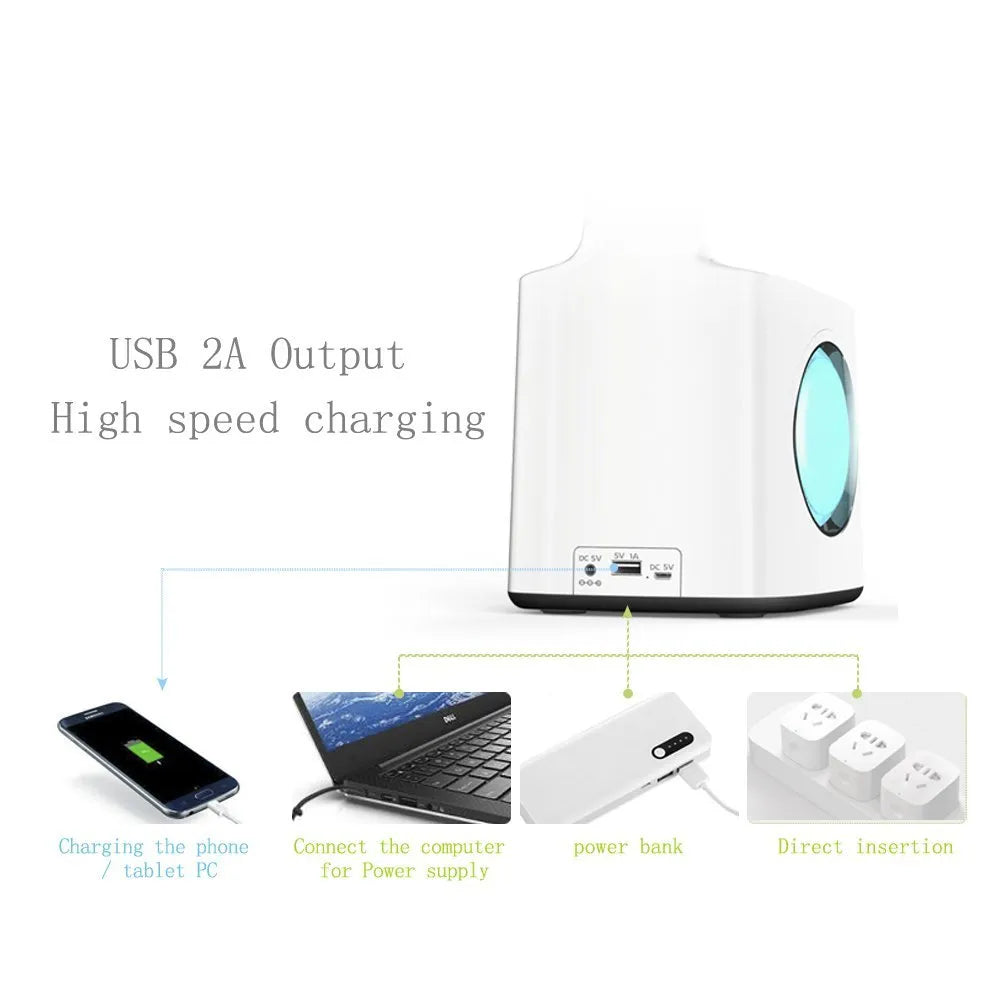 White 7-in-1 LED desk lamp with USB port, LCD screen, calendar, pen holder and colour night light base