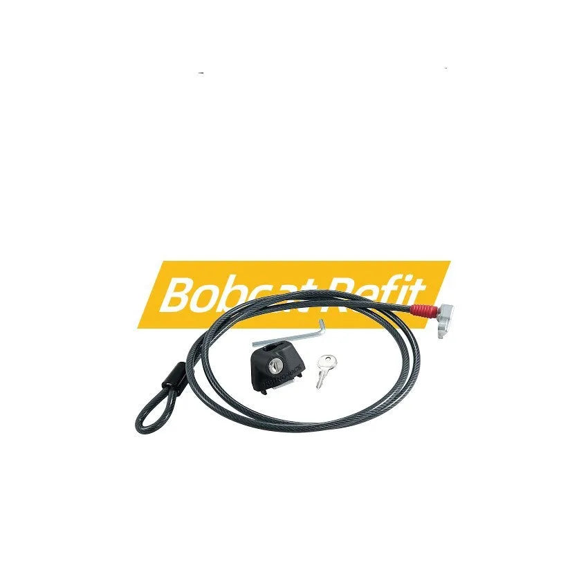 Steel cable fixed lock with plastic-sheathed cables for securing equipment on a vehicle roof platform.