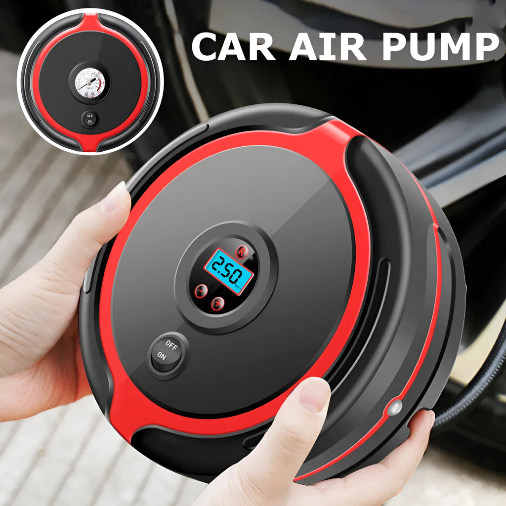 Portable 260 PSI digital car tyre inflator with rubber hose and black plastic body on white background